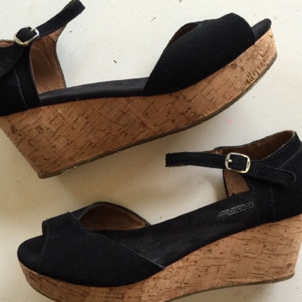 Tom's Black Suede/ Cork Flatform Wedges